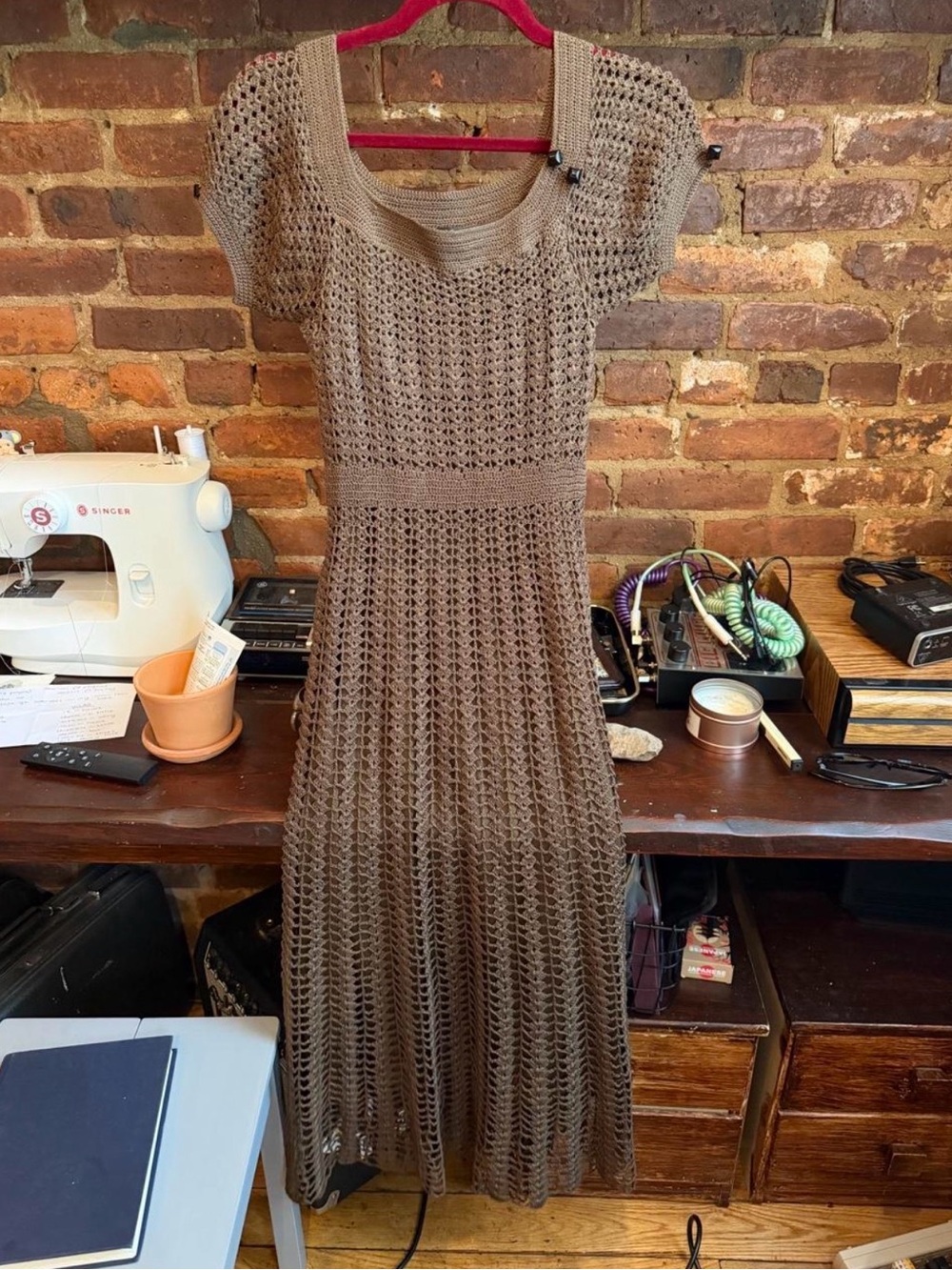 Vintage Olive Green Betsey Johnson Crochet Maxi Dress